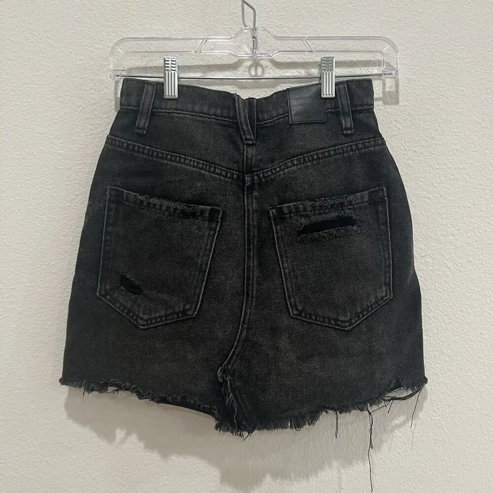 We The Free Mini Skirt Womens 24 Black Denim Distressed Button Fly Frayed A Line